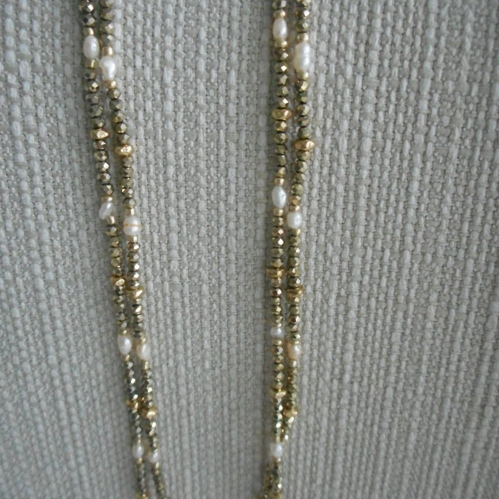 Long Continuous Strand Necklace, Pearl, Gold Tone
